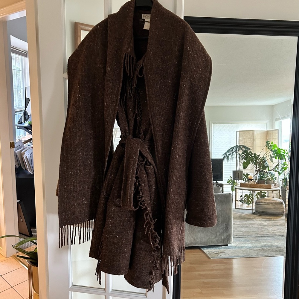 Mondi Women's Textured Brown Wool Coat With Built In Scarf